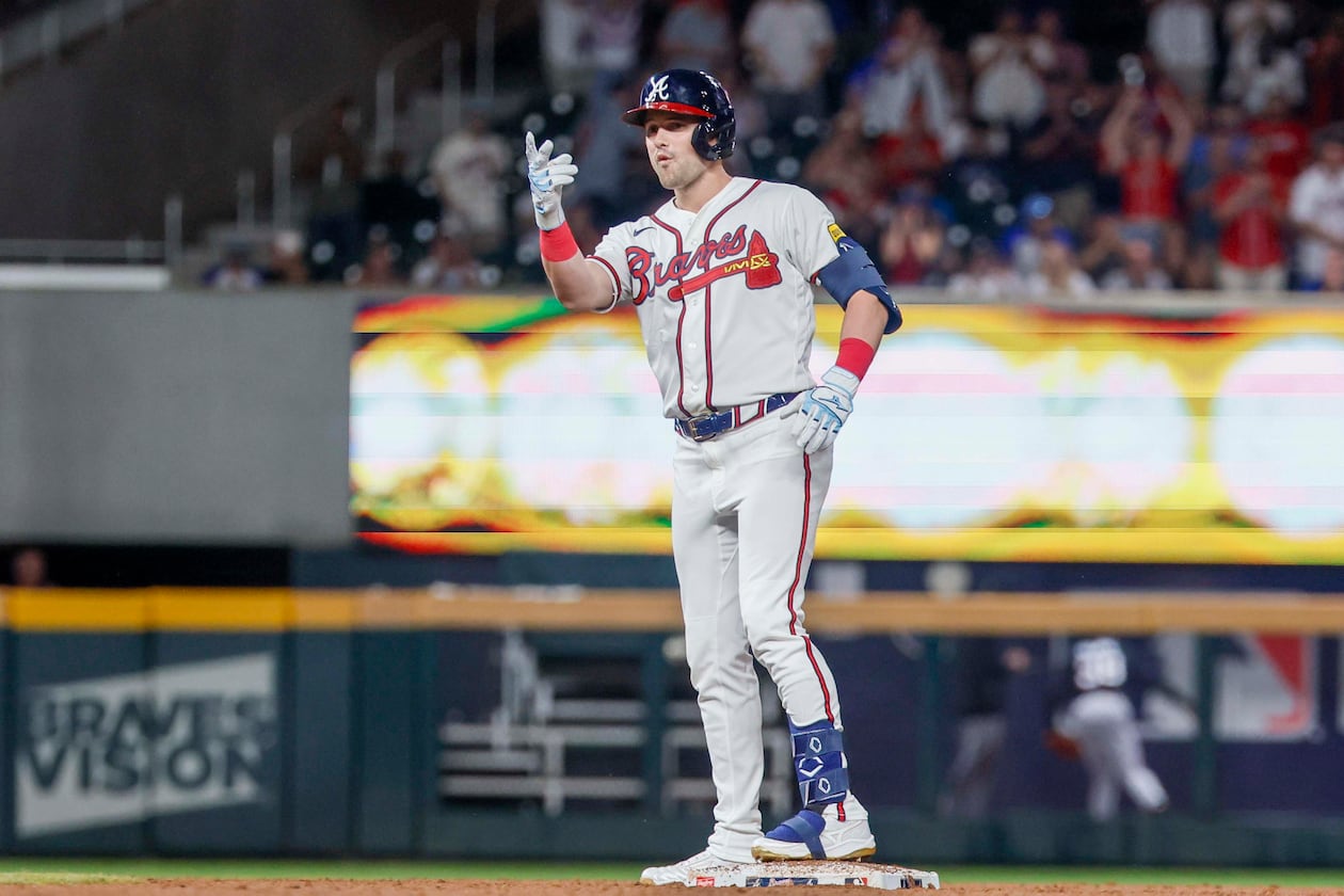 Atlanta Braves outfielder Lane Thomas reacts after hitting a RBI-double during the sixth inning against the Miami Marlins on Thursday, Aug. 6, 2026, at Truist Park in Atlanta. (Miguel Martinez/AJC)
