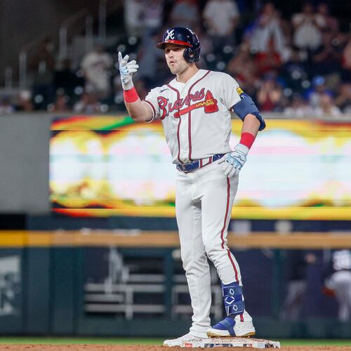 Atlanta Braves outfielder Lane Thomas reacts after hitting a RBI-double during the sixth inning against the Miami Marlins on Thursday, Aug. 6, 2026, at Truist Park in Atlanta. (Miguel Martinez/AJC)