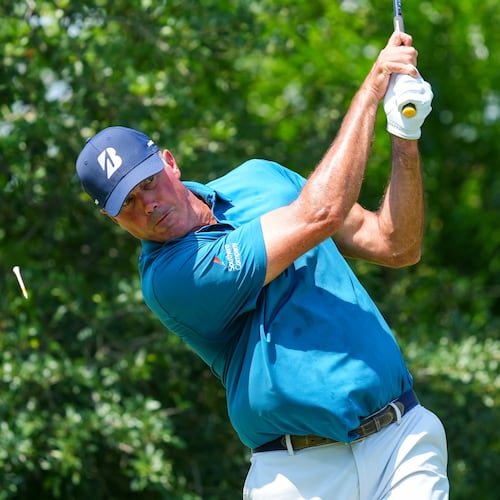 FILE -Matt Kuchar hits off the ninth tee during the first round of the Charles Schwab Challenge golf tournament at Colonial Country Club in Fort Worth, Texas, May 22, 2025. (AP Photo/LM Otero, File)