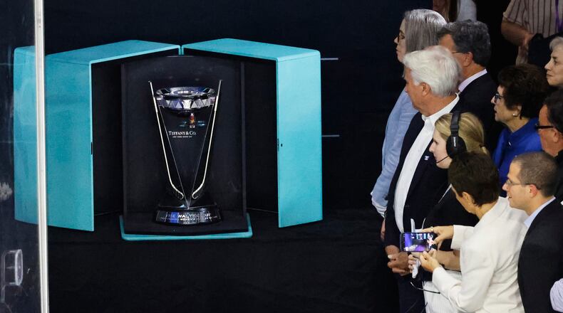 FILE - The Walter Cup is displayed before being presented to Minnesota after after they defeated Boston in Game 5 of the finals to win the PWHL, May 29, 2024, in Lowell, Mass. (AP Photo/Mary Schwalm)