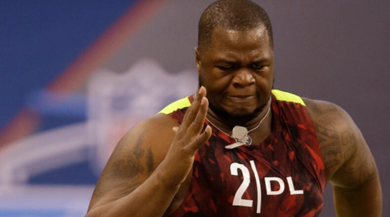 Georgia Tech defensive lineman T J Barnes runs the 40-yard dash at the NFL football scouting combine in Indianapolis.