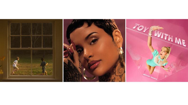 This combination of album cover images shows “The Great Divide” by Noah Kahan, "Kehlani," by Kehlani, and “Toy With Me” by Meghan Trainor. (Mercury Records/Atlantic/Epic via AP)
