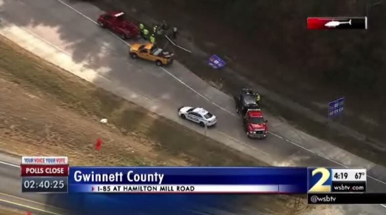 A Dacula woman was killed in a two-vehicle accident Tuesday on I-85 northbound. (Credit: Channel 2 Action News)