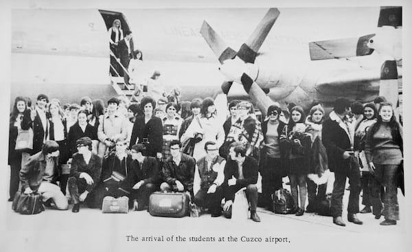 This family-provided photo shows a group shot of students upon arriving in Cusco, Peru. On Aug. 9, 1970, Paula Ashmore’s 14-year old sister, Vicki, and 48 other exchange students were killed in a plane crash in Cusco after touring Machu Picchu. FAMILY PHOTO