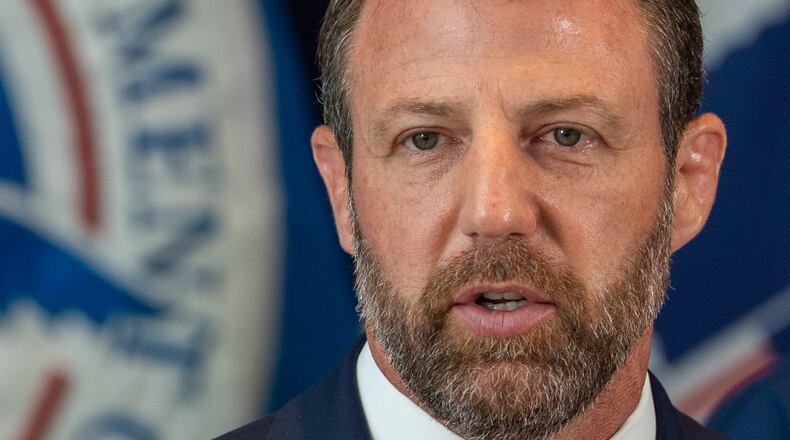 Department of Homeland Security Secretary Markwayne Mullin speaks during a news conference Wednesday, July 1, 2026, in New York. (AP Photo/David 'Dee' Delgado)