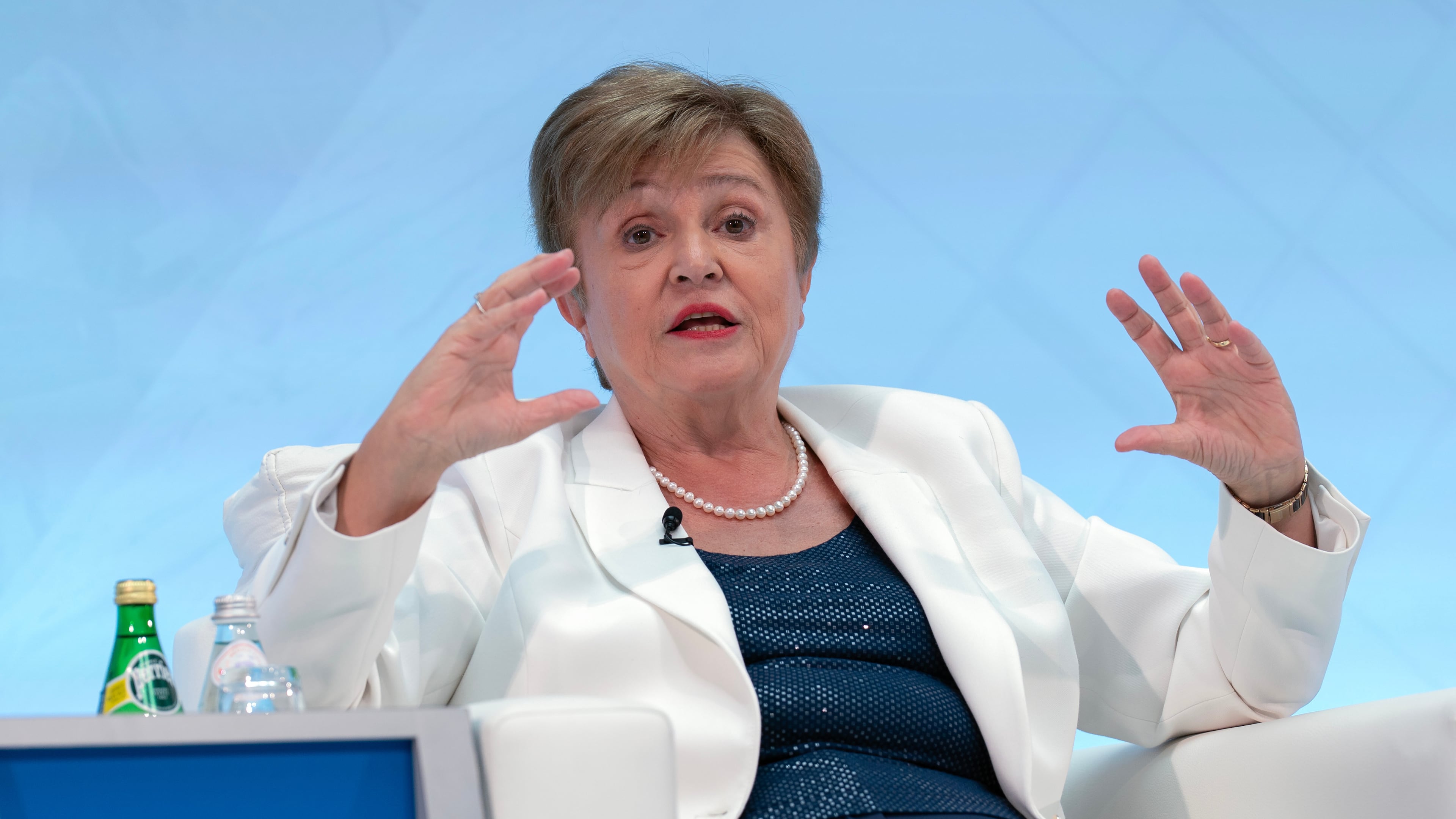 International Monetary Fund (IMF) Managing Director Kristalina Georgieva speaks at The Future of Finance conference during the World Bank/IMF Annual Meetings at the International Monetary Fund (IMF) headquarters in Washington, Tuesday, Oct. 14, 2025. (AP Photo/Jose Luis Magana)
