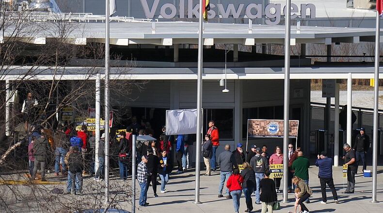 FILE: A group gathers outside of Volkswagen Chattanooga with United Auto Workers signs last December. (Photo Courtesy of Olivia Ross)