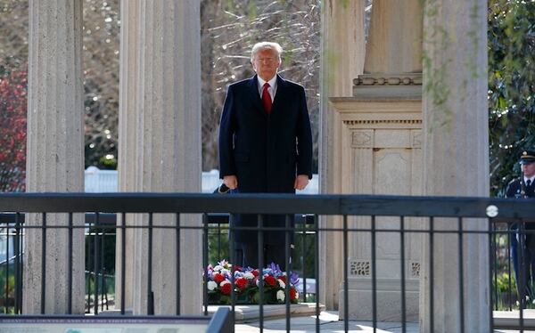 President Donald Trump lays a wreath at the Hermitage, the home of former President Andrew Jackson, to commemorate Jackson’s 250th birthday on Wednesday, March 15, 2017, in Nashville, Tenn. (Evan Vucci/AP)