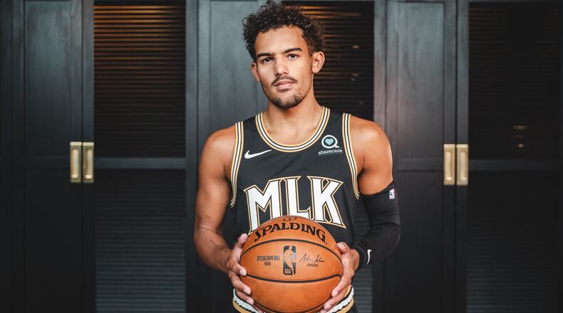 Hawks guard Trae Young models Atlanta's 2020-21 City Edition uniform, which honors the Rev. Martin Luther King Jr.