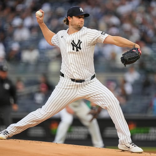 New York Yankees pitcher Gerrit Cole throws during the first inning of a baseball game against the Tampa Bay Rays, Friday, May 22, 2026, in New York. (AP Photo/Yuki Iwamura)