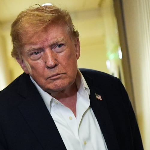 President Donald Trump speaks with reporters while in flight on Air Force One from Shannon, Ireland to Joint Base Andrews, Md., Sunday, Sept. 13, 2026. (AP Photo/Julia Demaree Nikhinson)
