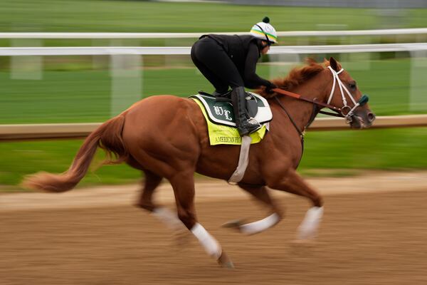 Kentucky Derby entrant American Promise works out at Churchill Downs Wednesday, April 30, 2025, in Louisville, Ky. (AP Photo/Charlie Riedel)
