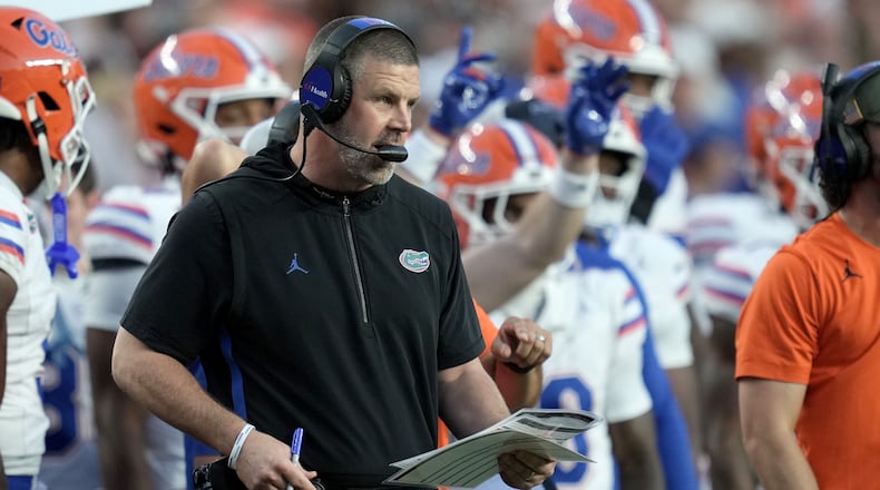 Florida head coach Billy Napier calls in plays to his offense during the first quarter of an NCAA college football game against Texas A&M on Saturday, Oct. 11, 2025, in College Station, Texas. (AP Photo/Sam Craft)