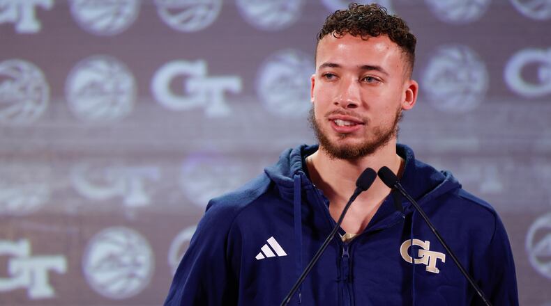 Georgia Tech guard Lance Terry answers a question at the 2023 ACC Kickoff in Charlotte, N.C., Wednesday, Oct. 25, 2023. (Photo by Nell Redmond/ACC)