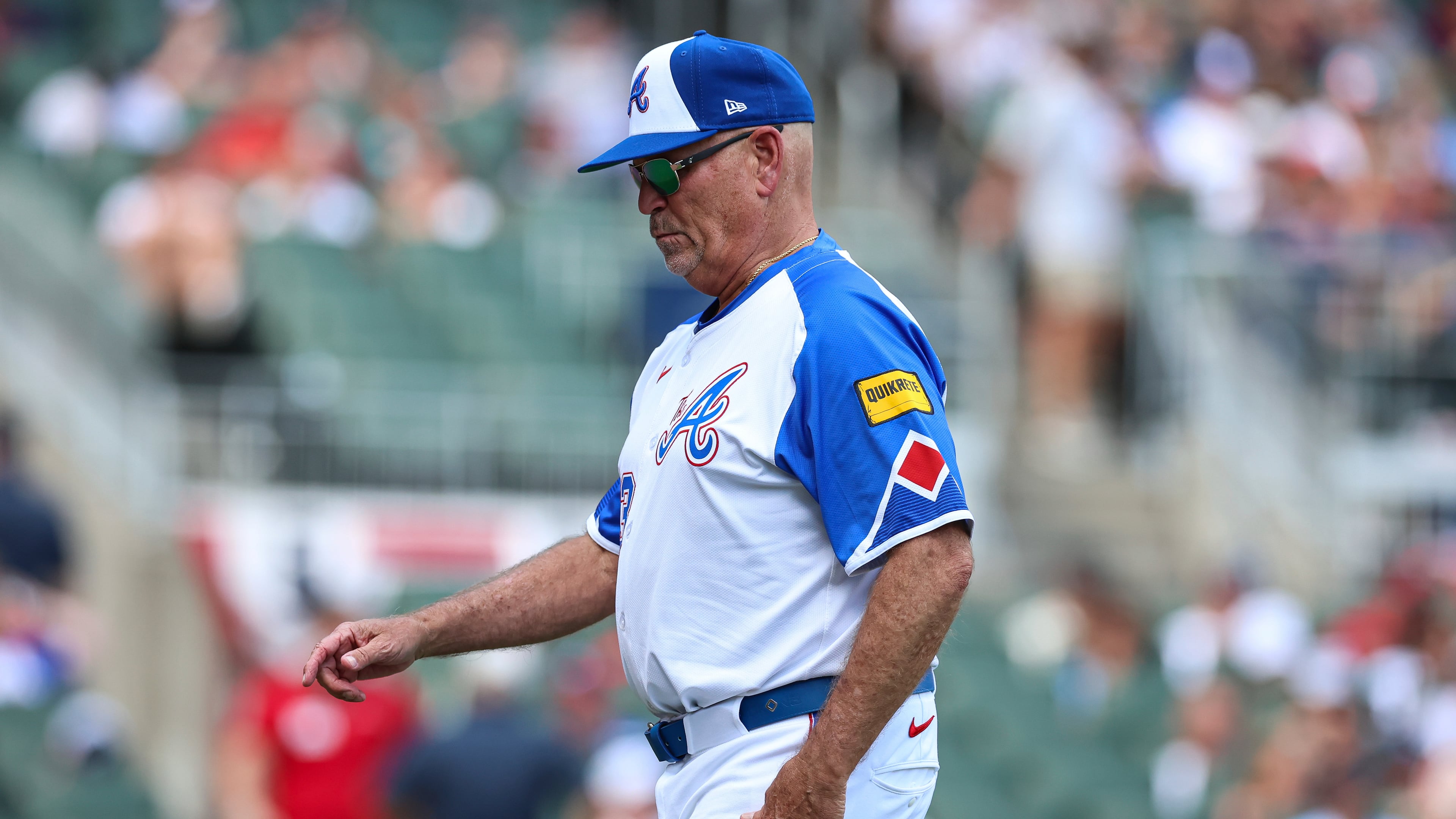 Atlanta Braves manager Brian Snitker reacts after making a pitching change in the third inning of a baseball game against the Baltimore Orioles, Saturday, July 5, 2025, in Atlanta. (AP Photo/Colin Hubbard)