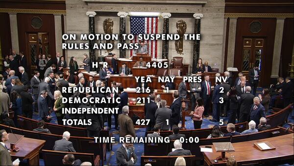 This image shows the final 427 to 1 vote in the House on Tuesday to pass a bill to force the Justice Department to publicly release its files on Jeffrey Epstein. (House Television via AP)