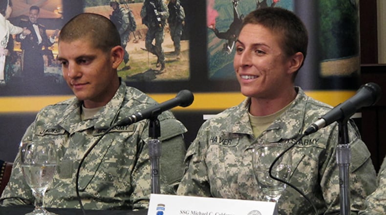 U.S. Army Army 1st Lt. Shaye Haver, right, and Army Capt. Kristen Griest are the first two women to complete the notoriously grueling Ranger course at Ft. Benning, Ga.  (AP Photo/Russ Bynum)