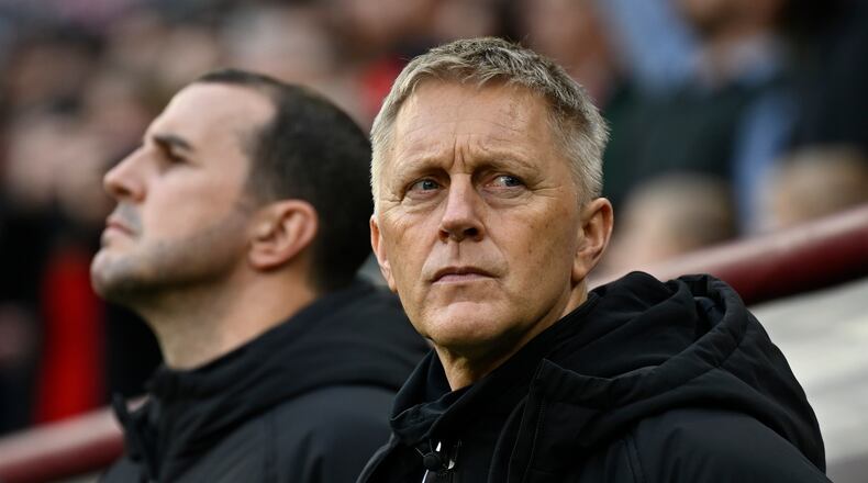 FILE - Ireland coach Heimir Hallgrimsson ahead of the World Cup 2026 group F qualifying soccer match between Hungary and Ireland in Budapest, Hungary, Nov. 16, 2025. (AP Photo/Denes Erdos, File)