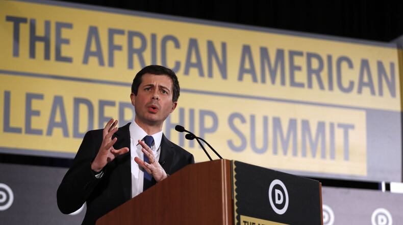 Democratic presidential hopeful Pete Buttigieg, shown speaking earlier this year at the African American Leadership Council Summit in Atlanta, appears to be having trouble connecting with black voters. An African American pastor in Atlanta pastor said nominating a gay man for president might hurt Democrats’ chances of drawing moderate voters in next year’s election. Bob Andres / bandres@ajc.com