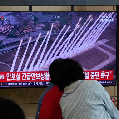 A TV screen shows a file photo of a North Korean missile launch during a news program at Seoul Railway Station in Seoul, South Korea, Saturday, Sept. 12, 2026. (AP Photo/Ahn Young-joon)