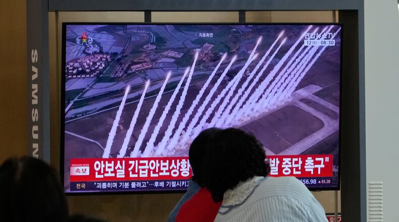 A TV screen shows a file photo of a North Korean missile launch during a news program at Seoul Railway Station in Seoul, South Korea, Saturday, Sept. 12, 2026. (AP Photo/Ahn Young-joon)