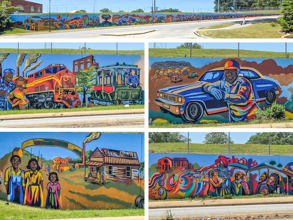 A photo composite of Corey Barksdale's untitled 429-foot-long mural, which traces the history of he founders of Atlanta’s Blandtown neighborhood. (Courtesy of Arthur Rudick)