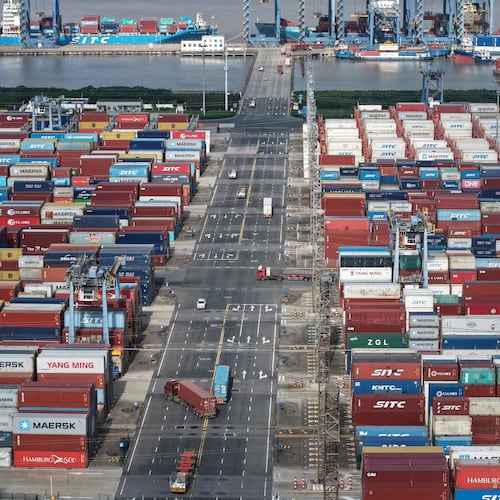 An aerial view of a container terminal in seen in Shanghai, Tuesday, March 10, 2026. (Chinatopix via AP)