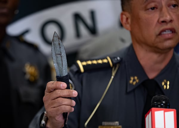 Fulton County Sheriff Pat Labat shows a shank found inside the county jail. Labat spoke on April 5, 2024, during an update on a fatal stabbing inside the county jail. (Ben Hendren for the AJC)