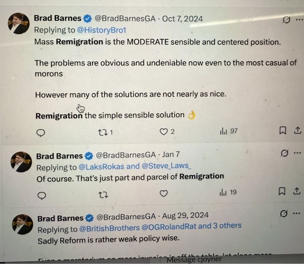 Several social media posts from Georgia GOP adviser Brad Barnes advocating for "remigration." (Screenshot)