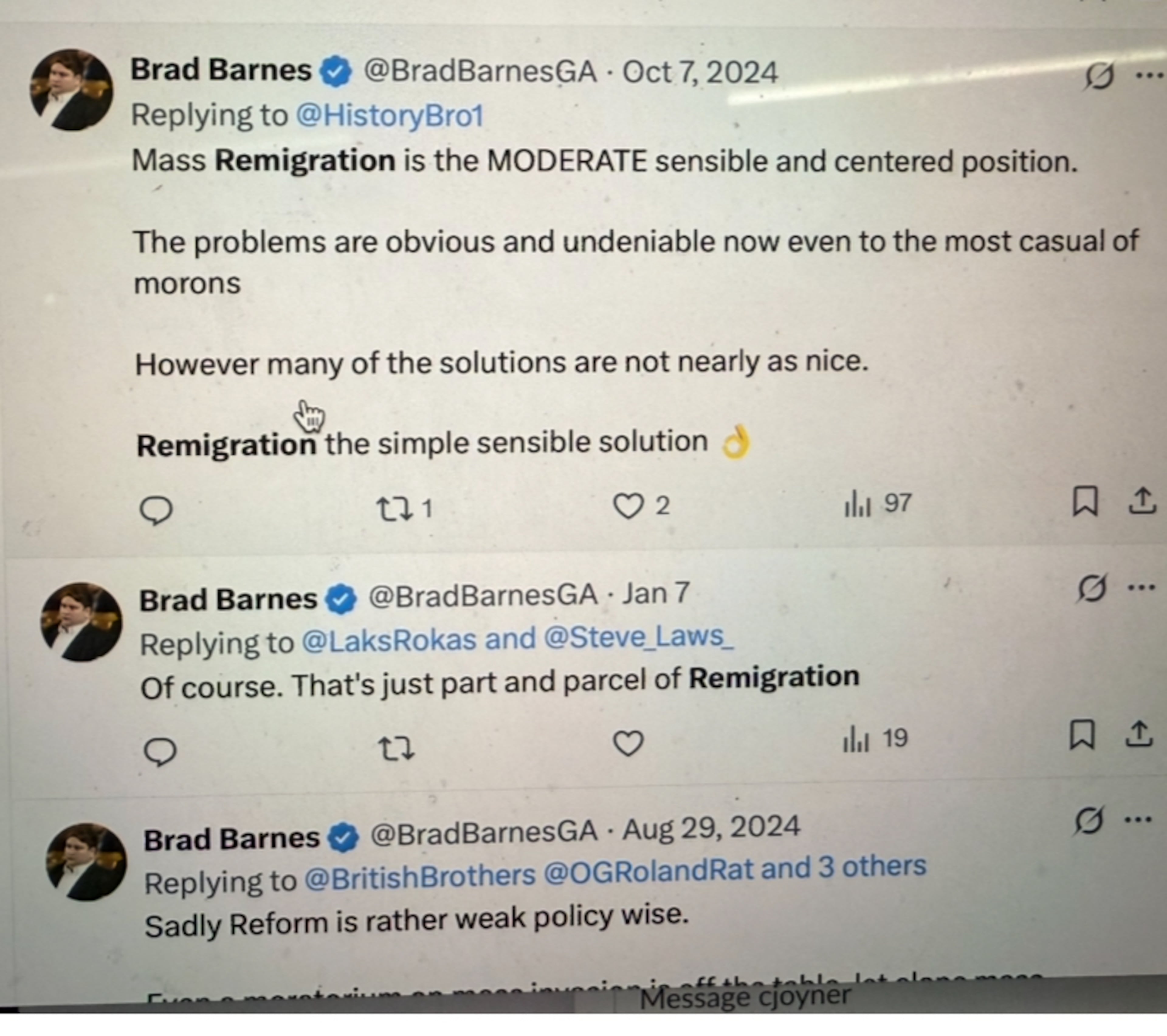 Several social media posts from Georgia GOP adviser Brad Barnes advocating for "remigration." (Screenshot)