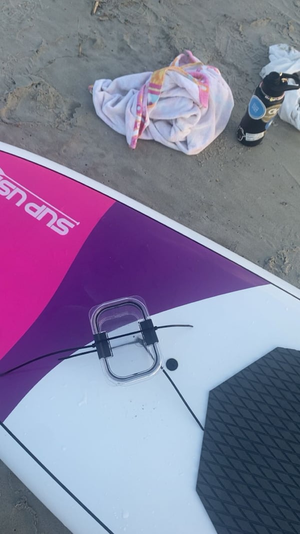 Abby Van Brimmer engineered a harness to hold her cellphone, placed in a water-tight container, on a paddleboard. She used the phone to video and photograph dolphins playing in the water off Tybee Island. (Courtesy of Abby Van Brimmer)