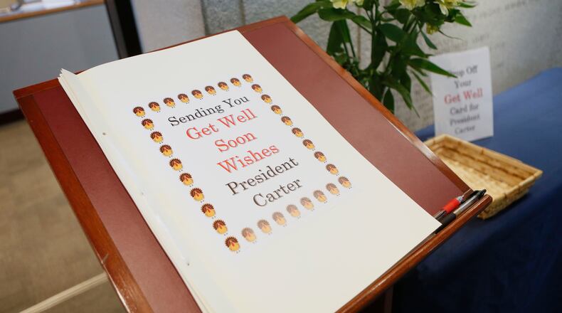 May 14, 2019 - Atlanta - The Carter Center has placed a giant get well card in the lobby for people to sign for President Carter. The former president broke his hip on Monday while heading out to go turkey hunting. Bob Andres / bandres@ajc.com