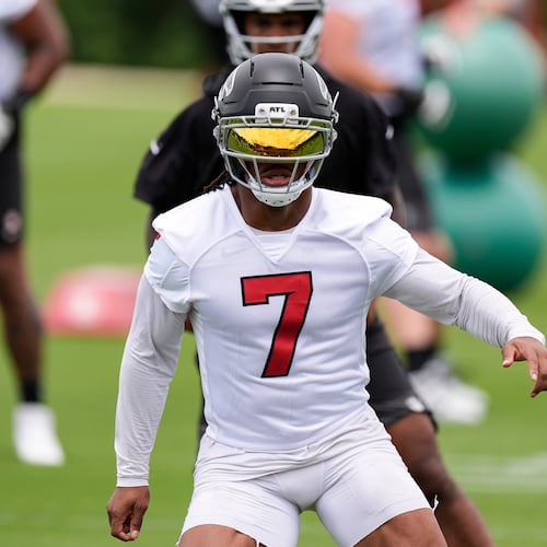 Falcons running back Bijan Robinson — pictured working out Monday, June 8, 2026 — caught a touchdown pass from Tua Tagovailoa on Wednesday, June 17, 2026, at mandatory minicamp in Flowery Branch. (Mike Stewart/AP )