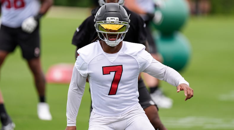 Falcons running back Bijan Robinson — pictured working out Monday, June 8, 2026 — caught a touchdown pass from Tua Tagovailoa on Wednesday, June 17, 2026, at mandatory minicamp in Flowery Branch. (Mike Stewart/AP )