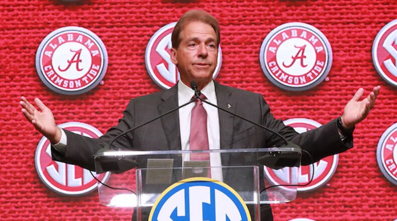 Alabama head coach Nick Saban holds his SEC Media Days press conference at the College Football Hall of Fame on Wednesday, July 18, 2018, in Atlanta, Ga. (Curtis Compton/Atlanta Journal-Constitution/TNS)