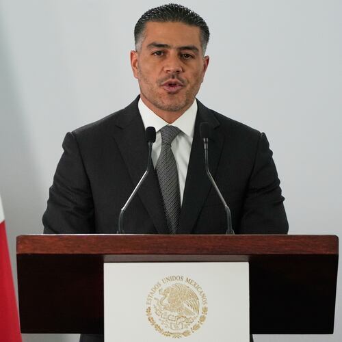 FILE - Mexican Security and Citizen Protection Minister Omar Garcia Harfuch attend a news conference in Mexico City, Aug. 13, 2025. (AP Photo/Fernando Llano, File)