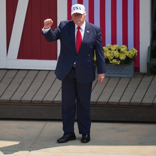 President Donald Trump leaves the stage after speaking at the Burning Hills Amphitheater during the Theodore Roosevelt Presidential Library opening ceremony Wednesday, July 1, 2026. (AP Photo/Matt Rourke)