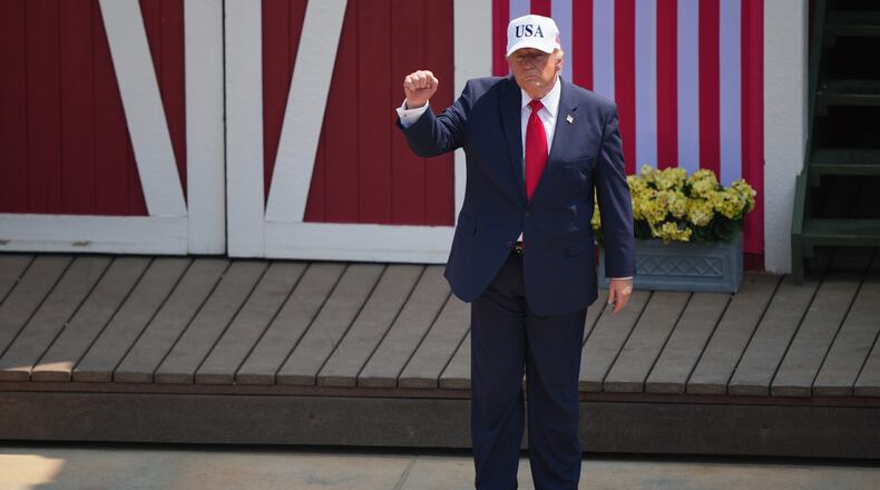 President Donald Trump leaves the stage after speaking at the Burning Hills Amphitheater during the Theodore Roosevelt Presidential Library opening ceremony Wednesday, July 1, 2026. (AP Photo/Matt Rourke)