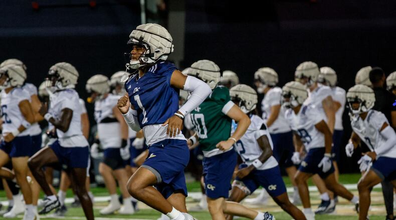 Georgia Tech safety LaMiles Brooks (1) is seen working on a drill during the second day of football practice at the Brock Indoor Practice Facility on Thursday, July 25, 2024, in Atlanta. (Miguel Martinez / AJC)