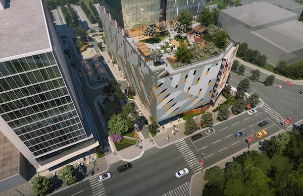 Midtown Union signed the money manager Invesco as its anchor tenant. The project also features a large outdoor plaza open to the public, retail, residences and a hotel. (Handout from Cooper Carry)