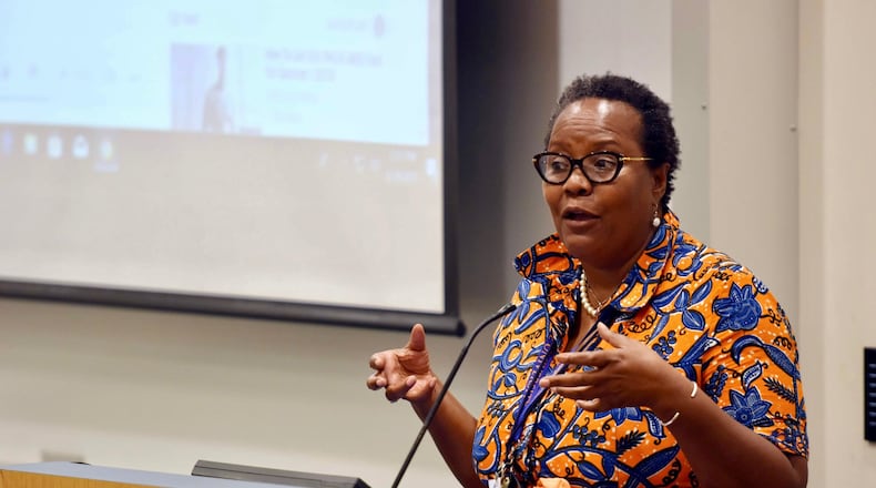A tearful Tina Brown speaks during the fifth anniversary of SSU Media High, a two-week residential multimedia camp for high school students at Savannah State University. Brown is the executive editor/director of the program. Photo Credit: Velvet McNeil