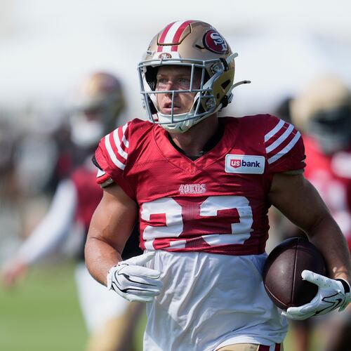 San Francisco 49ers running back Christian McCaffrey (23) runs during the NFL football team's training camp, Thursday, Aug. 6, 2026, in Santa Clara, Calif. (AP Photo/Jeff Chiu)