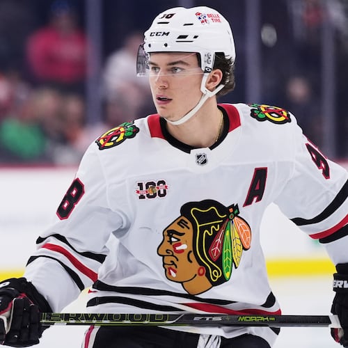 FILE - Chicago Blackhawks' Connor Bedard plays during an NHL hockey game Thursday, March 26, 2026, in Philadelphia. (AP Photo/Matt Slocum, File)