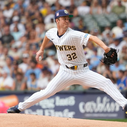 Milwaukee Brewers' Jacob Misiorowski pitches during the first inning of a baseball game against the Colorado Rockies, Sunday, July 26, 2026, in Milwaukee. (AP Photo/Aaron Gash)