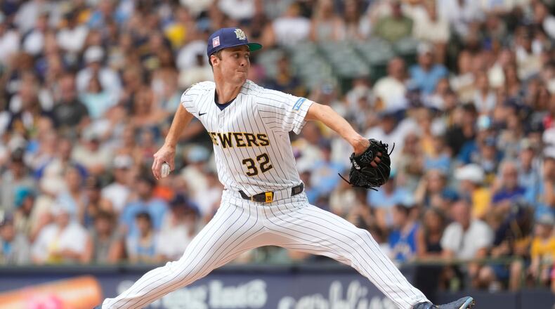 Milwaukee Brewers' Jacob Misiorowski pitches during the first inning of a baseball game against the Colorado Rockies, Sunday, July 26, 2026, in Milwaukee. (AP Photo/Aaron Gash)