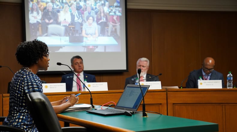 Cobb County Board of Elections Chairwoman Tori Silas speaks to Georgia senators about Senate Bill 221 at the Georgia State Capitol in Atlanta on Tuesday. (Olivia Bowdoin for The Atlanta Journal-Constitution).