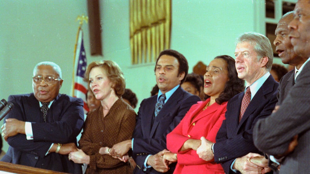 President Jimmy Carter sings with, from left, Martin Luther King Sr., Rosalynn Carter, Andrew Young and Coretta Scott King at Ebenezer Baptist Church in Atlanta on Jan. 14, 1979. Carter was there to accept the Martin Luther King Jr. Nonviolence Peace Prize. (Jimmy Carter Library)