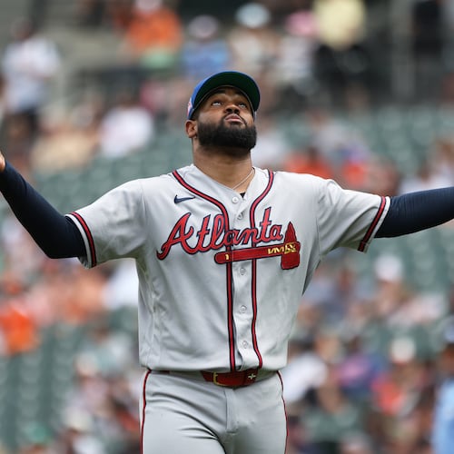 Atlanta Braves pitcher Reynaldo Lopez celebrates during the first inning of a baseball game against the Baltimore Orioles, Sunday, July 26, 2026, in Baltimore. (AP Photo/Daniel Kucin Jr.)