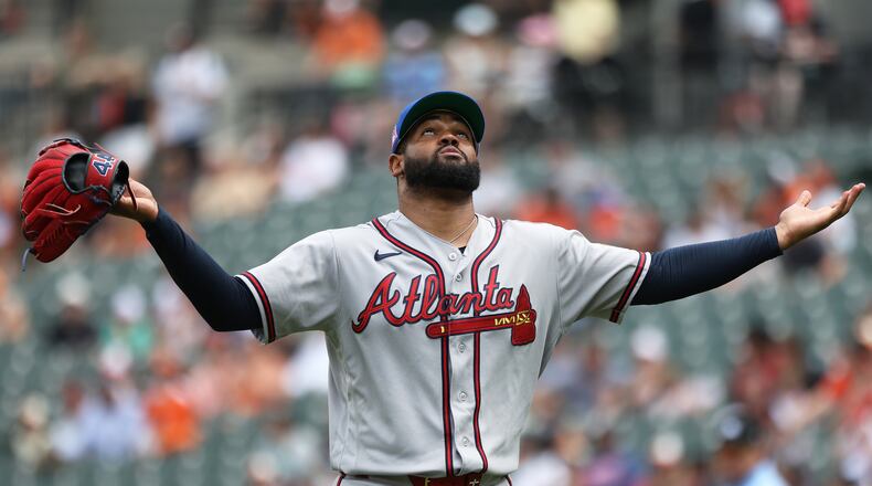 Atlanta Braves pitcher Reynaldo Lopez celebrates during the first inning of a baseball game against the Baltimore Orioles, Sunday, July 26, 2026, in Baltimore. (AP Photo/Daniel Kucin Jr.)