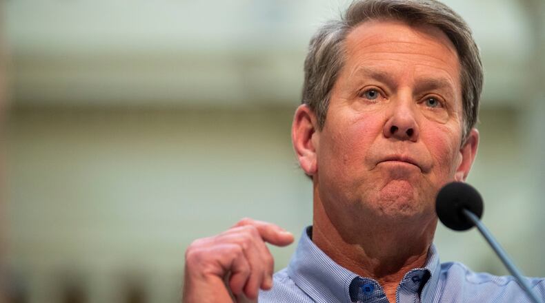 Georgia Gov. Brian Kemp during a news conference at the state Capitol in Atlanta on April 27, 2020. (ALYSSA POINTER / ALYSSA.POINTER@AJC.COM)
